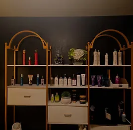 Salon shelves stocked with hair products